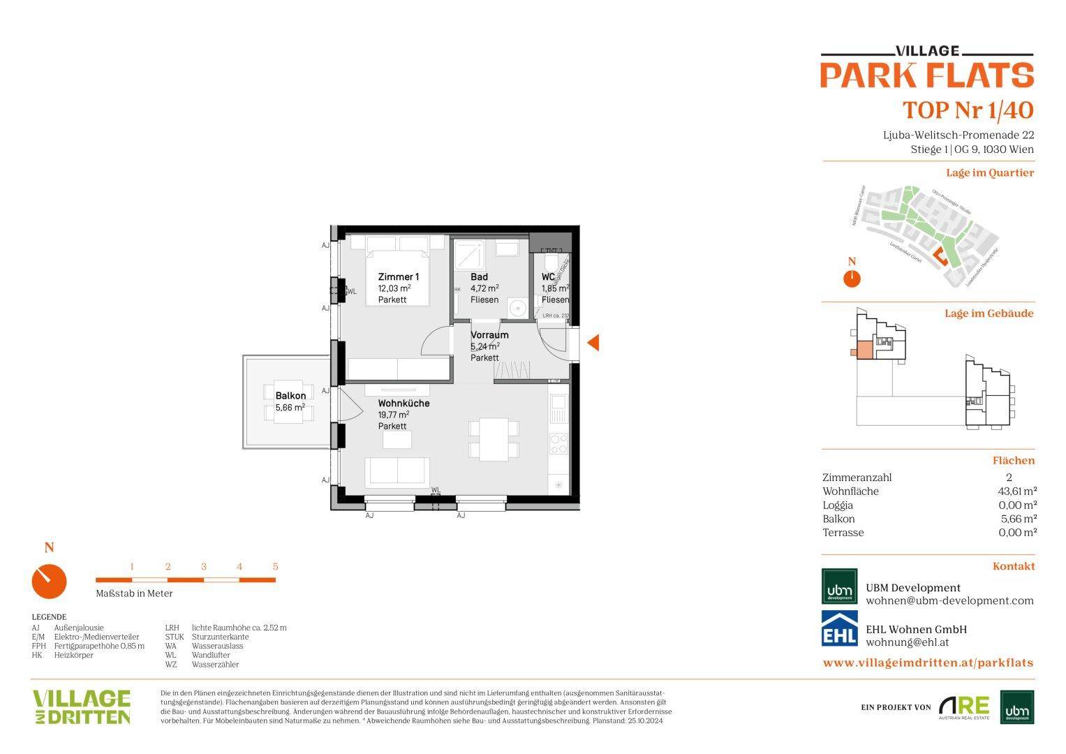Grundriss einer Wohnung mit einem Schlafzimmer, Wohnküche und Balkon.