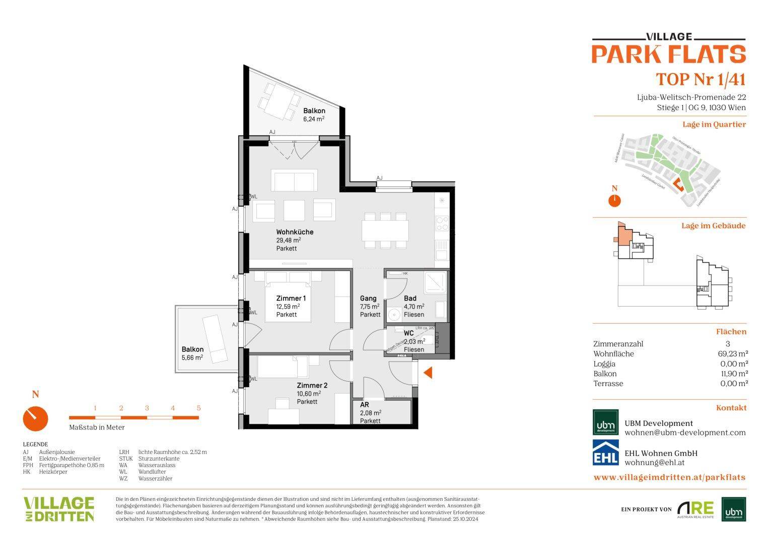 Detaillierter Grundriss einer Wohnung mit Wohnküche, zwei Zimmern und Balkonen.