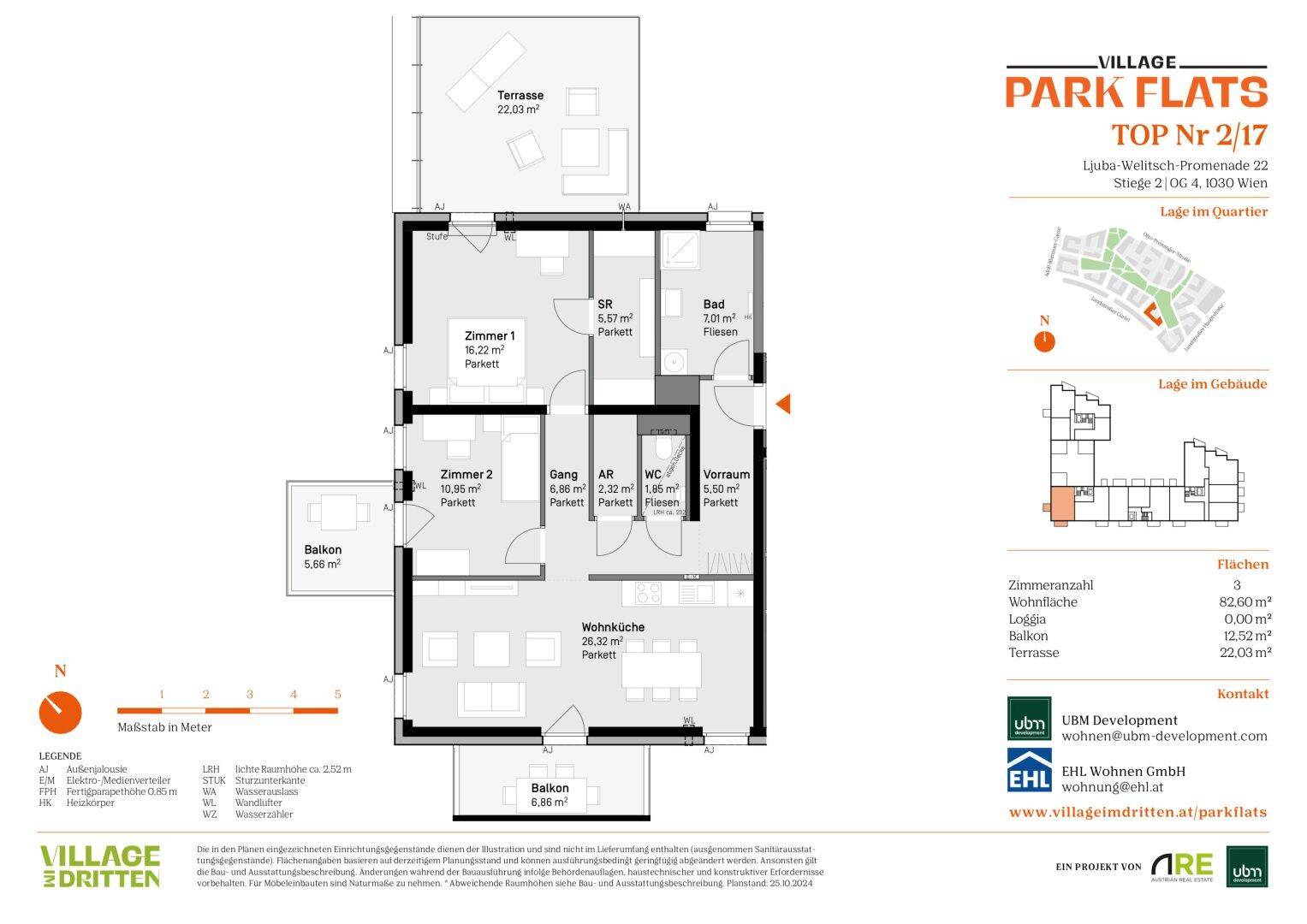 Grundriss einer 3-Zimmer-Wohnung mit offenem Wohnbereich, zwei Balkonen und einer Terrasse.