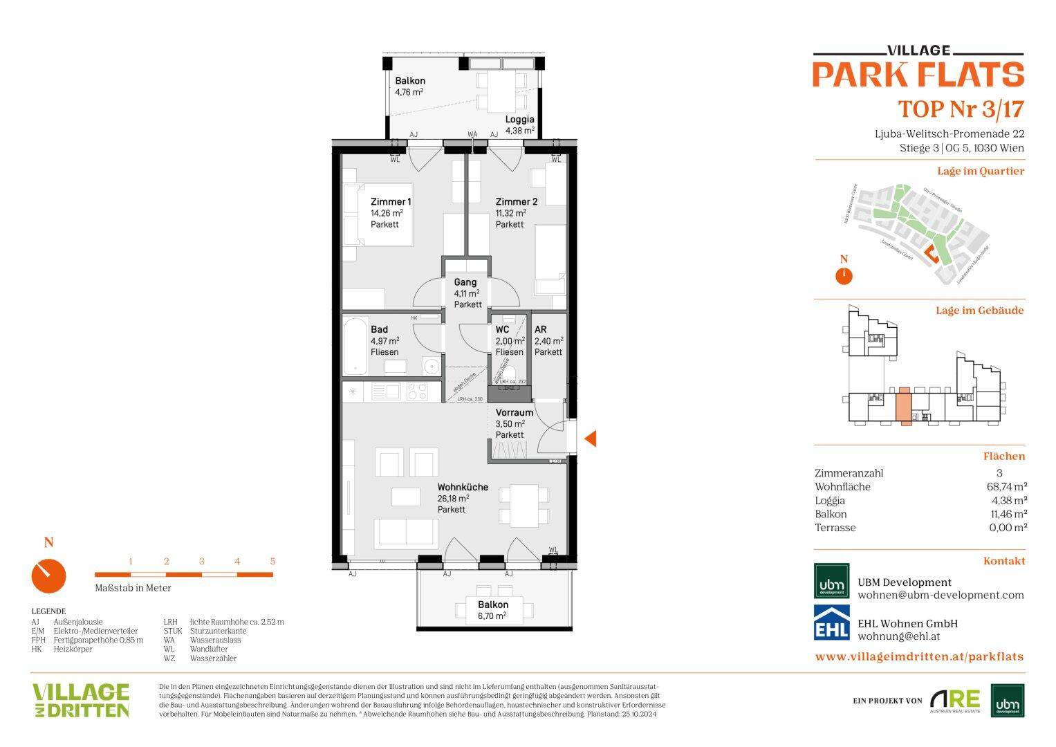 Grundriss der Wohnung mit zwei Balkonen, einer Loggia und offenem Wohn-Essbereich.