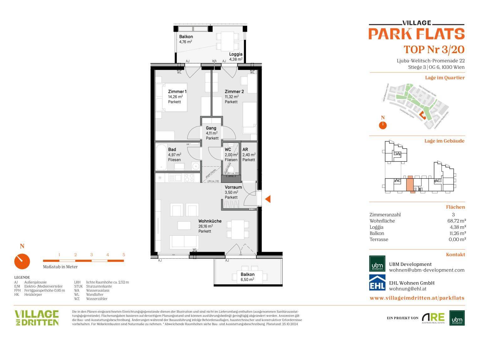 Detaillierter Grundriss einer Wohnung mit zwei Schlafzimmern, Wohnküche und zwei Balkonen.