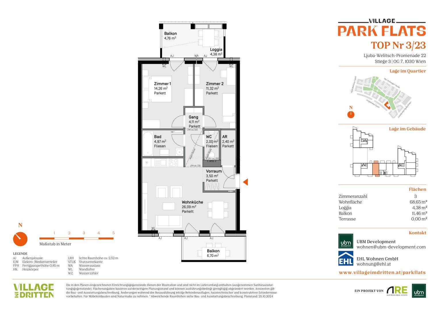 Grundriss der Wohnung TOP Nr. 3/23 mit zwei Schlafzimmern, Wohnküche und Balkonen.