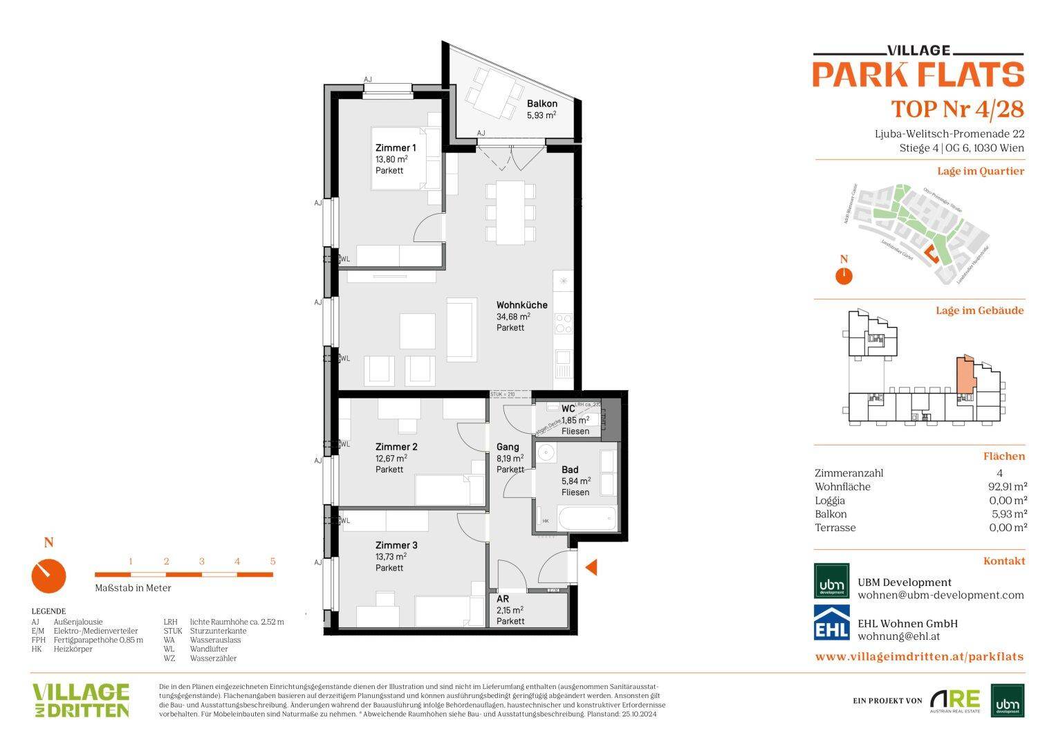 Grundriss der Wohnung Top Nr. 22 mit drei Zimmern, Wohnküche und Balkon.