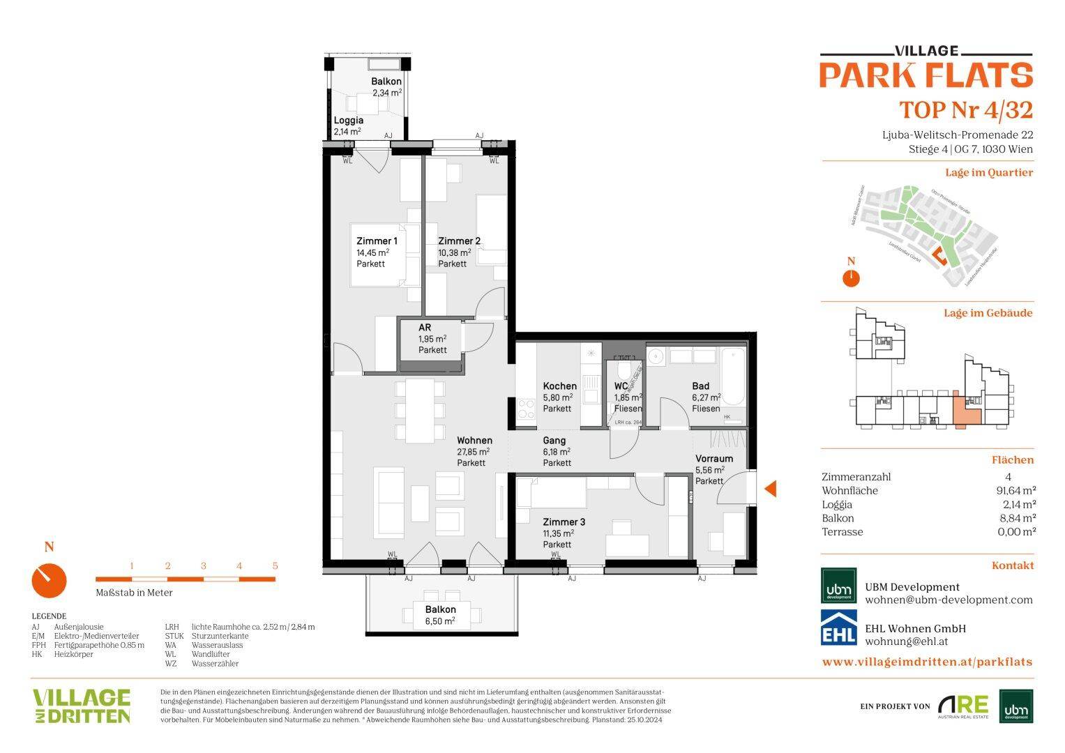 Grundriss der Wohnung TOP 22 mit drei Zimmern, offenem Wohnbereich, Balkon und Loggia.