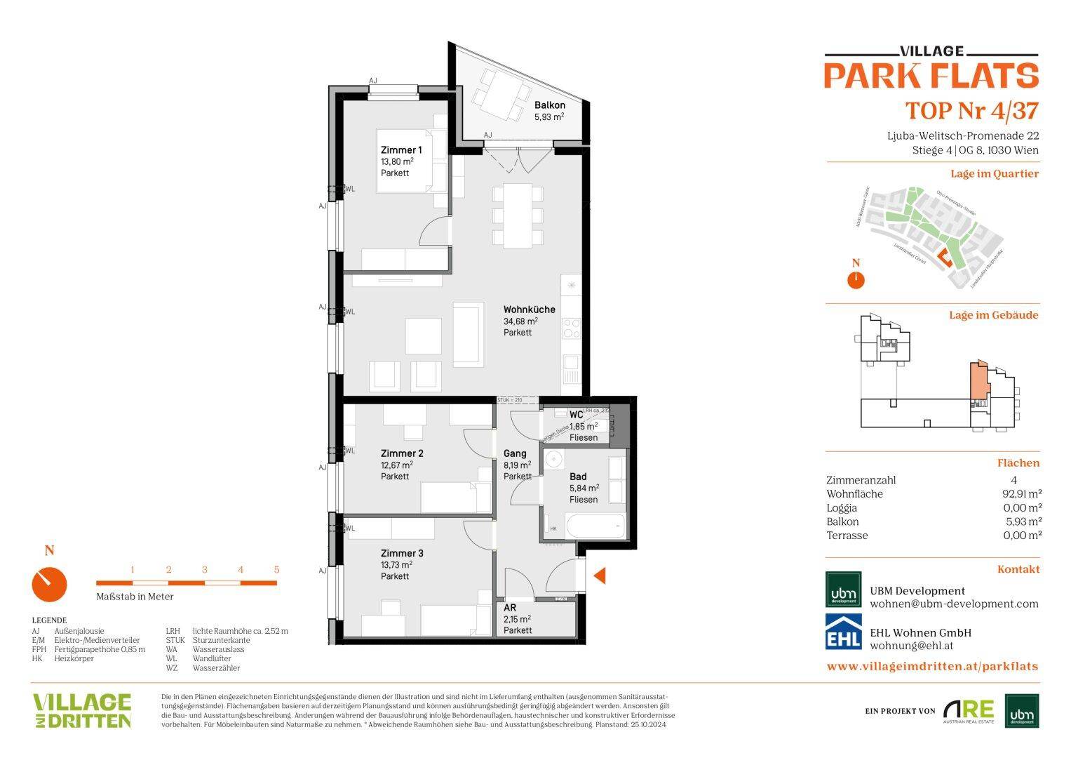 Detaillierter Grundriss einer Wohnung mit drei Zimmern, Balkon und separatem WC.