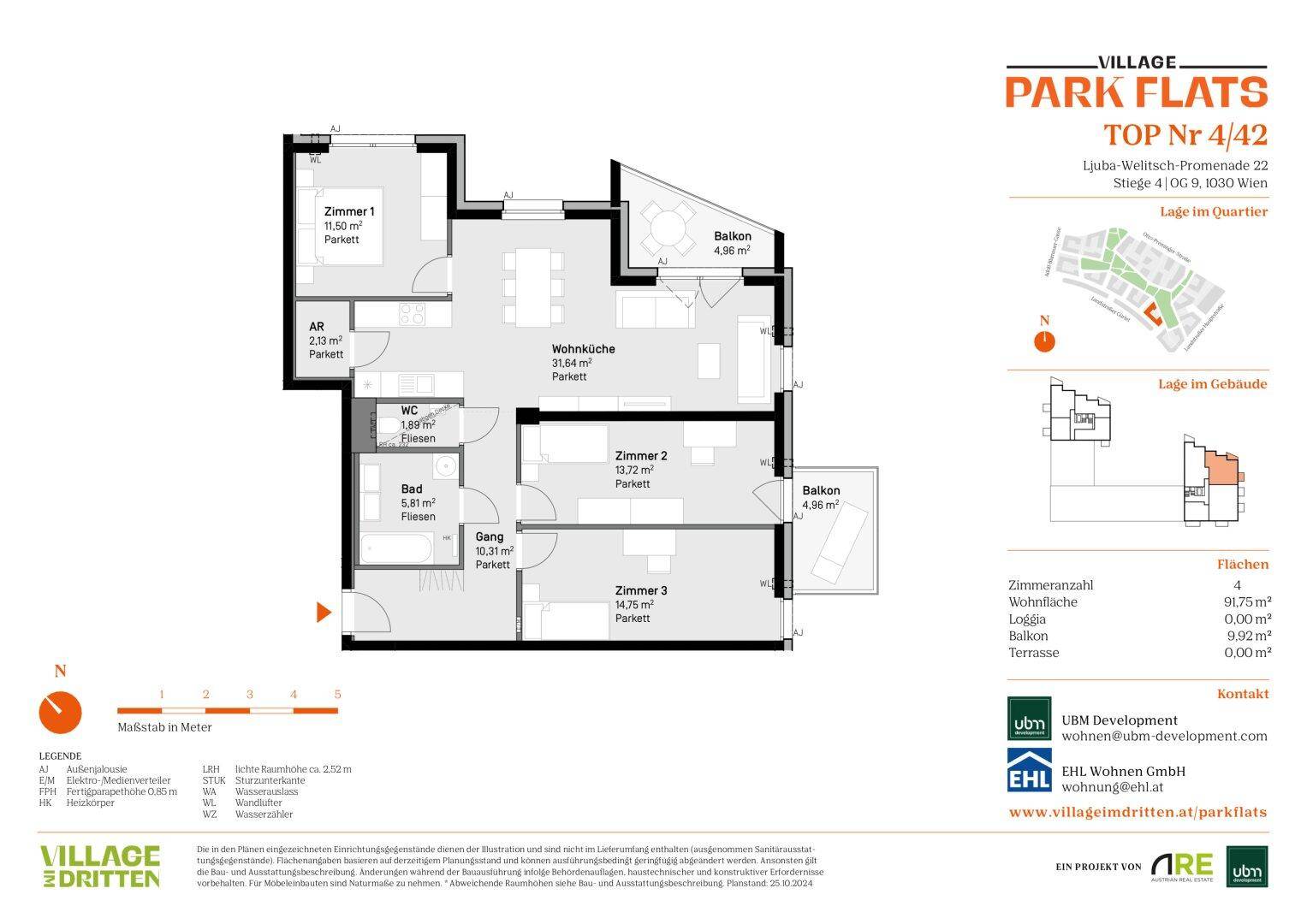 Grundriss der Wohnung Top 4/42 mit drei Zimmern, zwei Balkonen und offenem Wohnbereich.