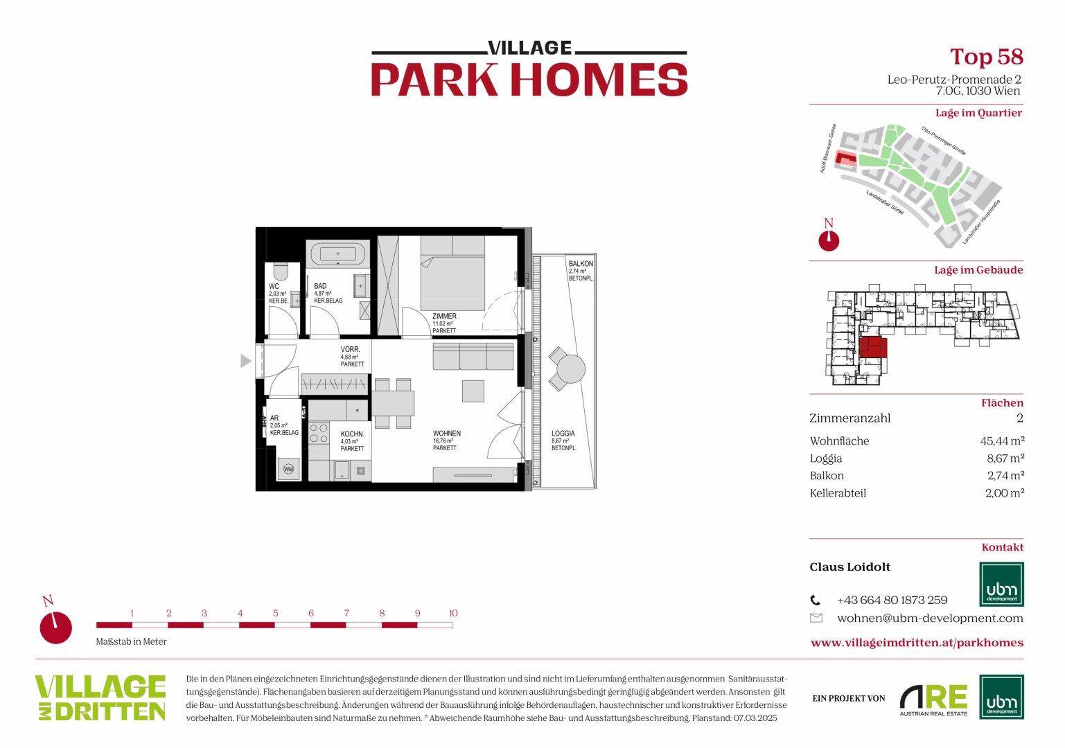 Grundriss einer Wohnung mit zwei Zimmern, Loggia und Balkon.