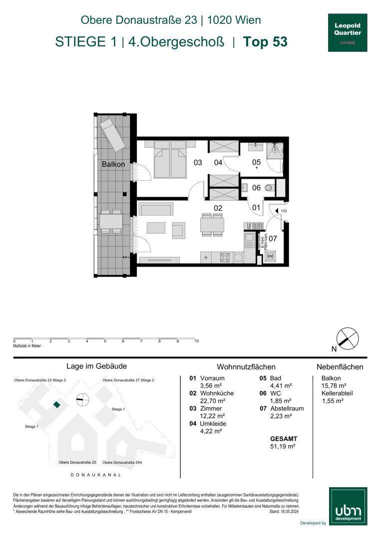 Grundriss einer Wohnung im 4. Obergeschoss mit Balkon und 61,19 m² Wohnfläche.