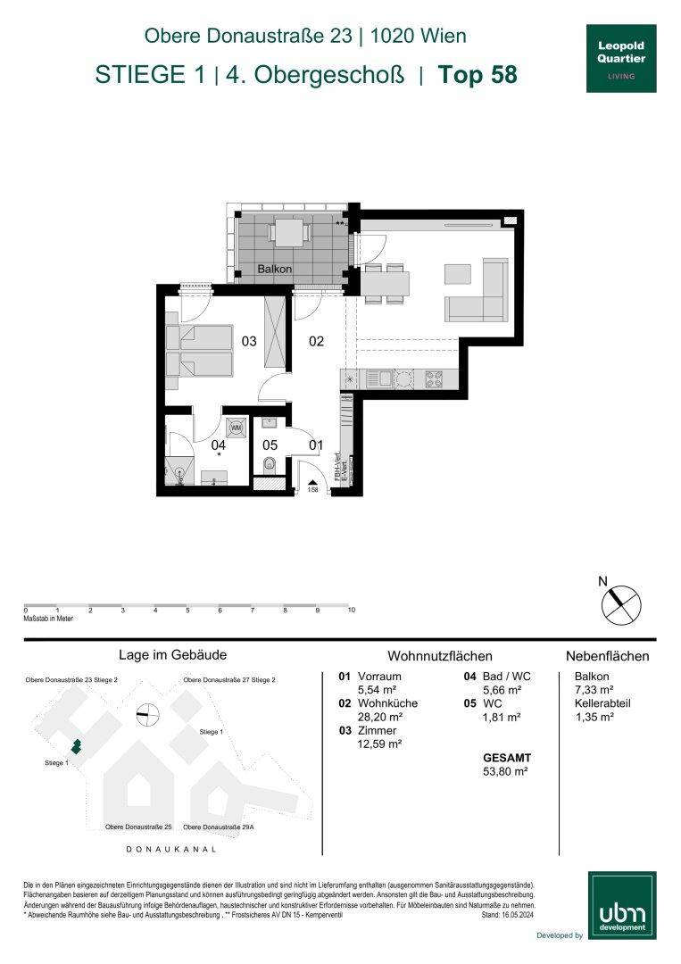 Grundriss einer Wohnung mit Balkon, Wohnküche und zwei Schlafzimmern.