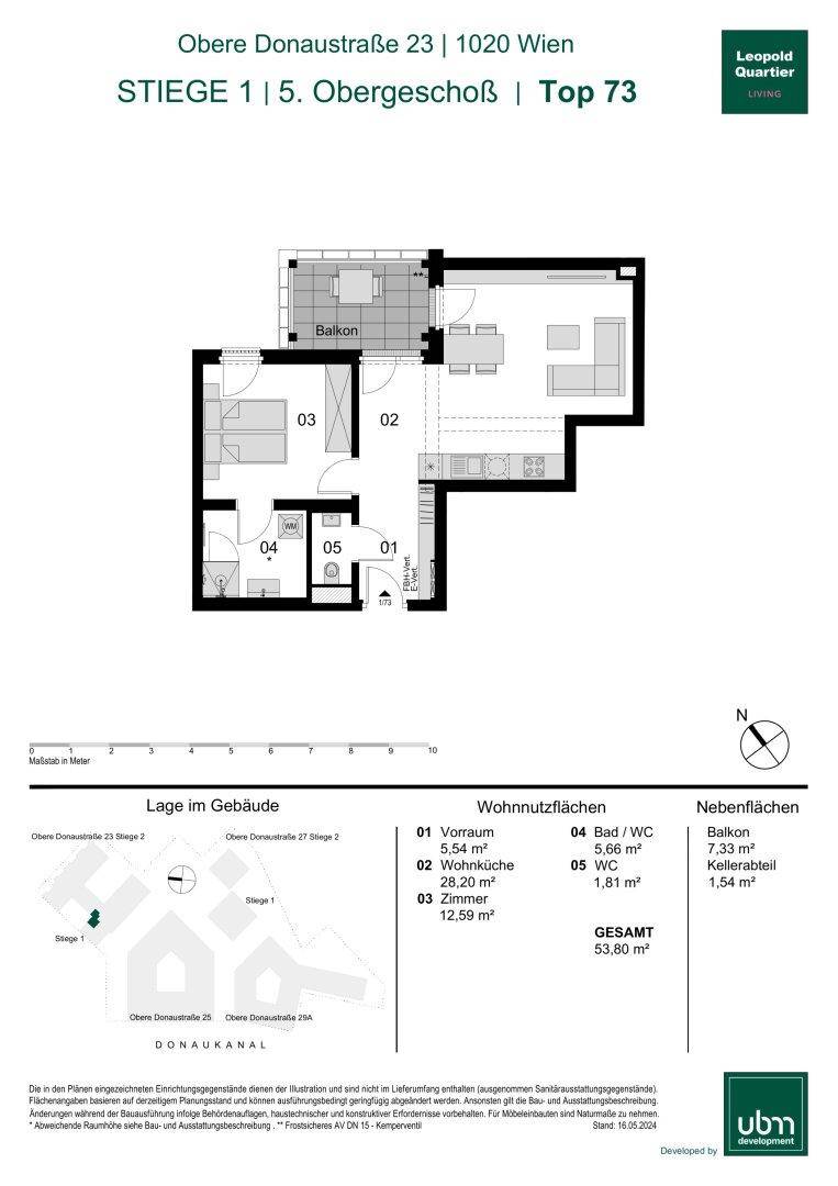 Grundriss einer Wohnung mit Balkon und offener Wohnküche im 5. Obergeschoss.