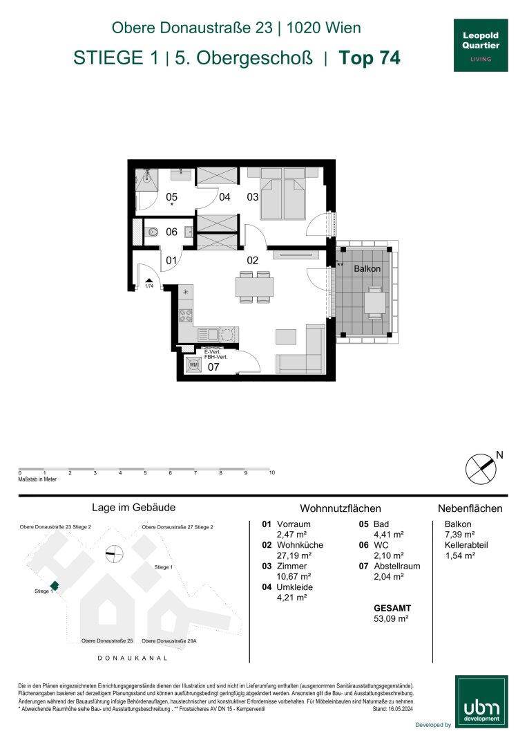 Grundriss einer Wohnung mit Balkon, zeigt die Raumaufteilung und Flächenangaben.