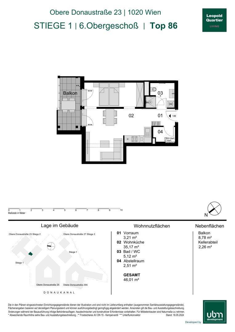 Grundriss einer Wohnung mit Balkon, offenem Wohnbereich, Schlafzimmer und Bad.