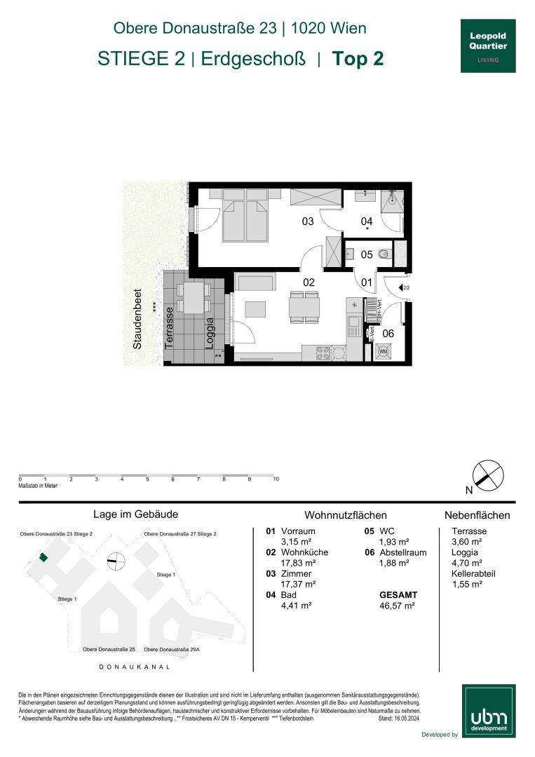 Detaillierter Grundriss der Wohnung Top 2 im Erdgeschoss mit Terrasse und Loggia.