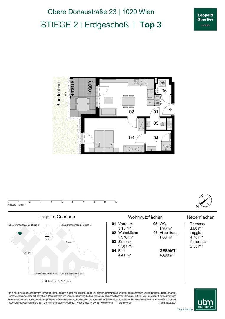 Detaillierter Grundriss einer Wohnung im Erdgeschoss mit Terrasse und Loggia.