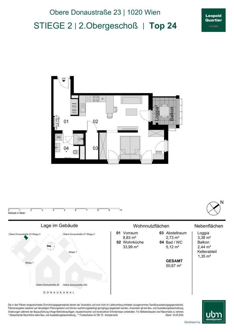 Grundriss einer Wohnung im 2. Obergeschoss mit Loggia und Balkon.