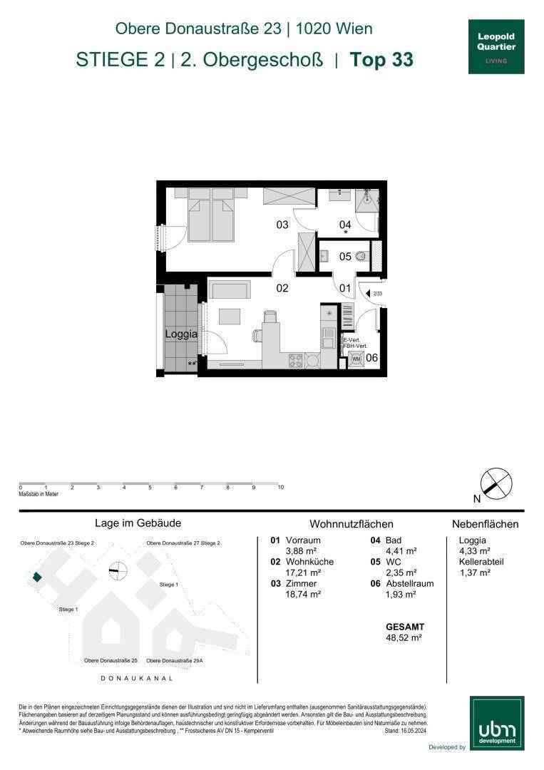 Grundriss einer Wohnung im zweiten Obergeschoss mit Loggia und 46,52 m² Wohnfläche.