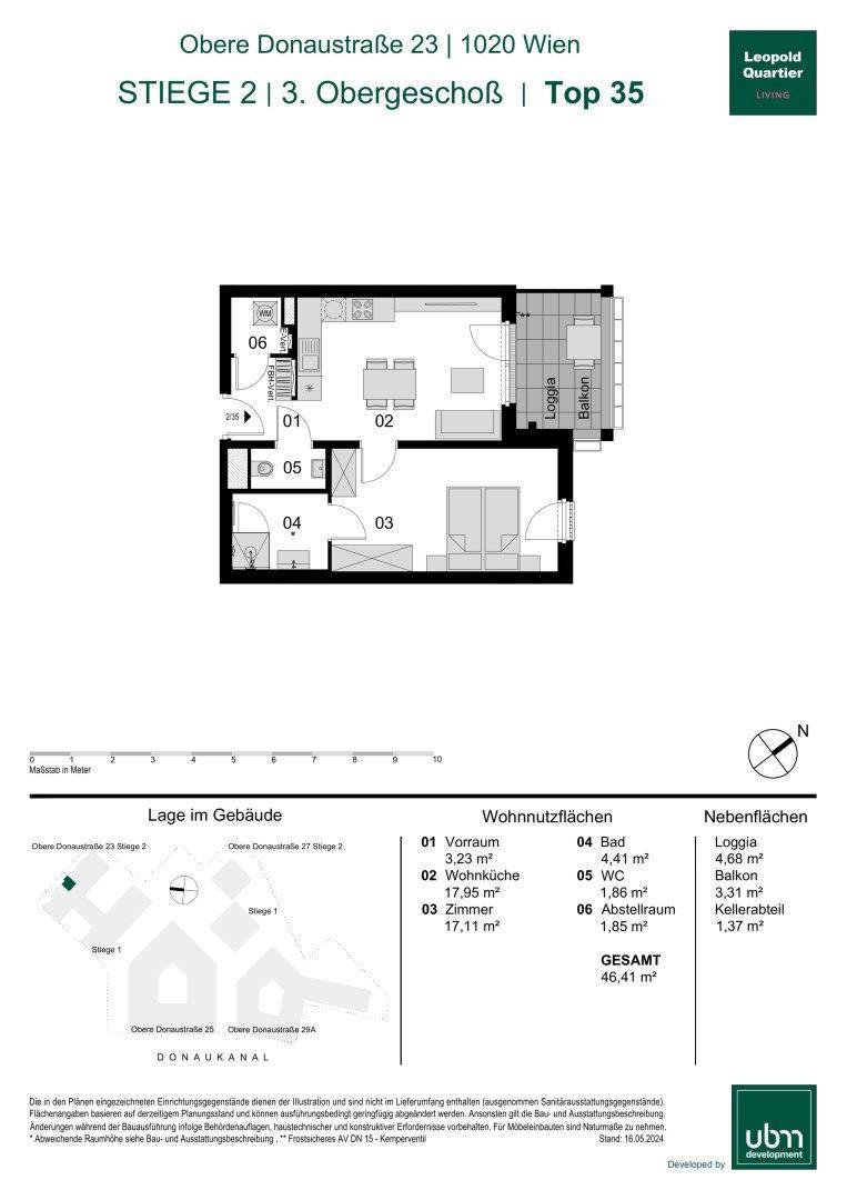 Grundriss einer Wohnung im dritten Obergeschoss mit Loggia und Balkon.