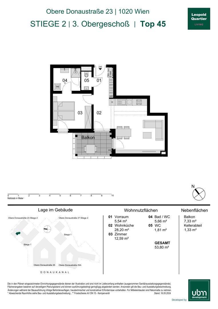 Grundriss einer Wohnung im dritten Obergeschoss mit Balkon und separatem WC.