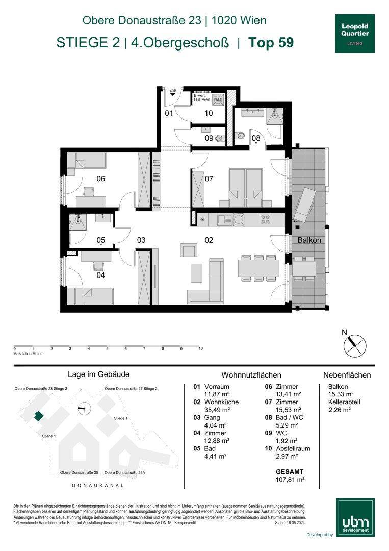 Grundriss der Wohnung Top 59 im 4. Obergeschoss mit Balkon und drei Zimmern.