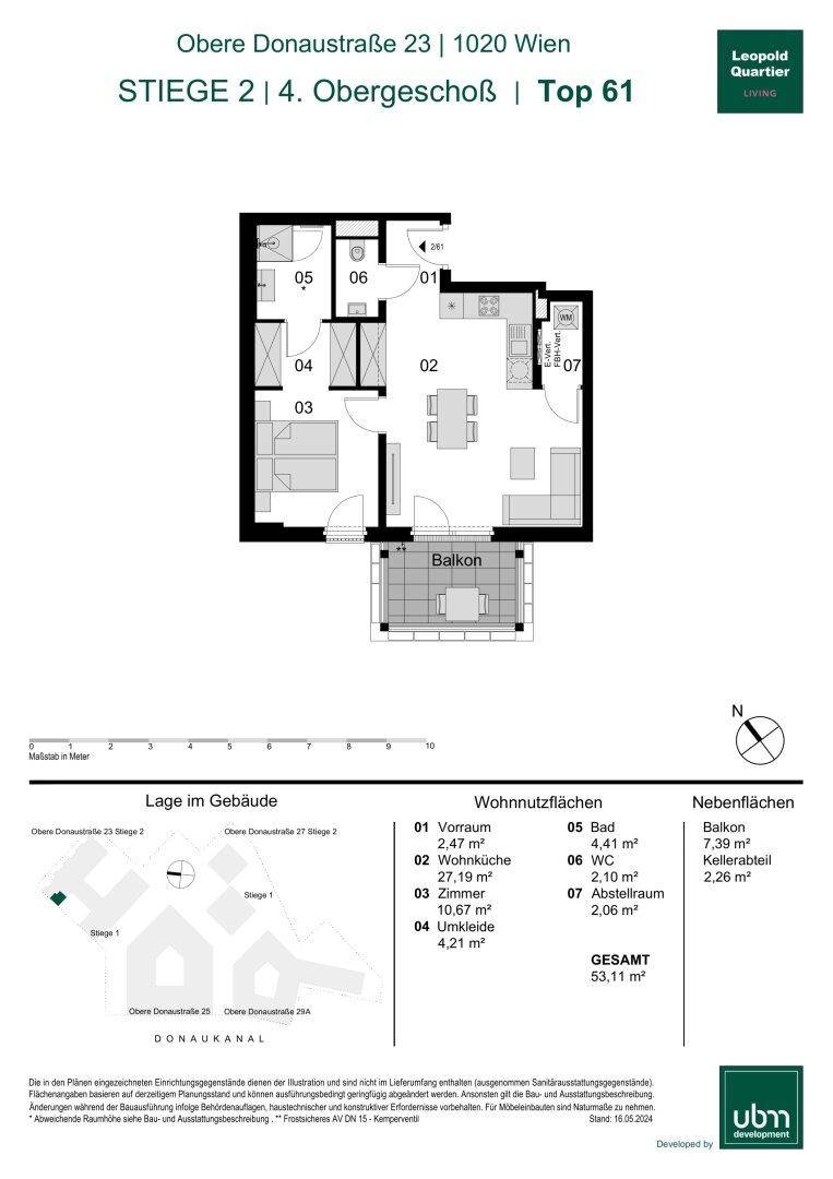 Grundriss einer 63,11 m² großen Wohnung mit Balkon, offenem Wohnbereich und separatem WC.
