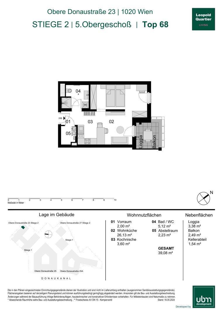 Grundriss einer Wohnung mit Loggia und Balkon im 5. Obergeschoss.
