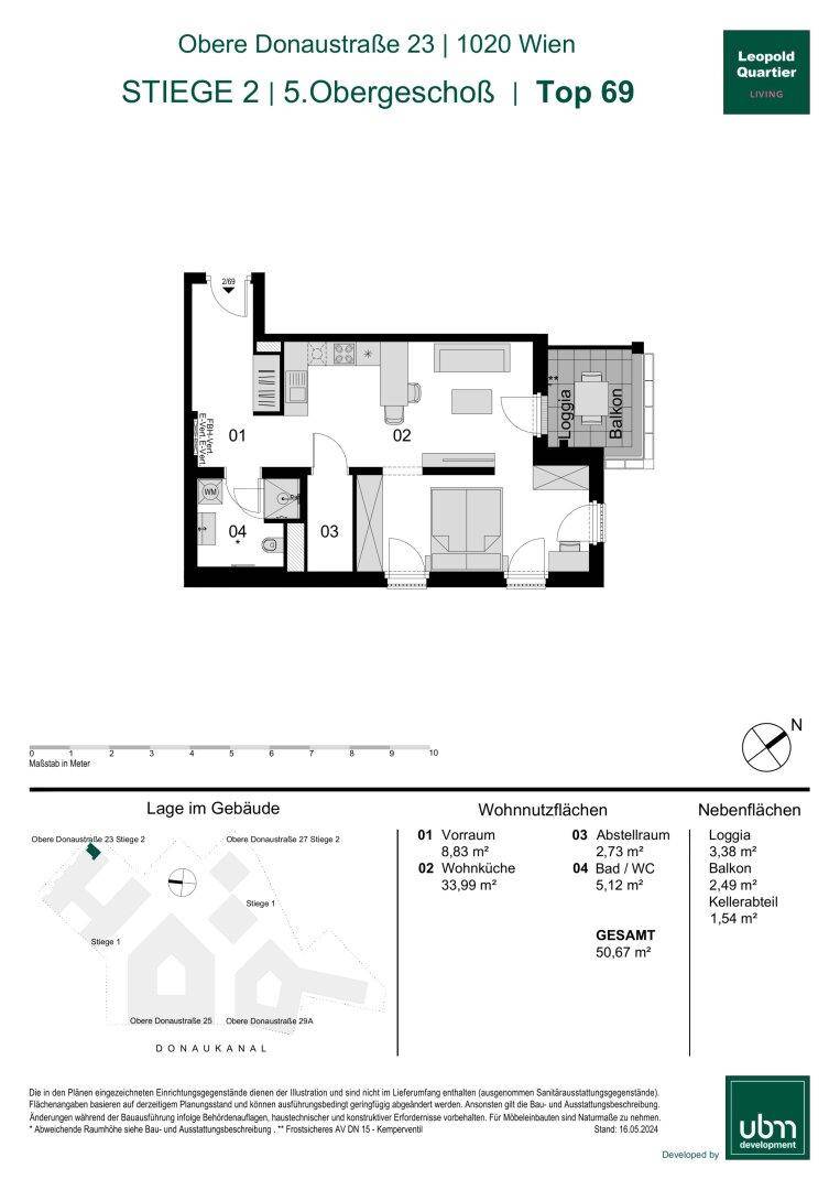 Grundriss der Wohnung Top 69 im 5. Obergeschoss mit Loggia und Balkon.