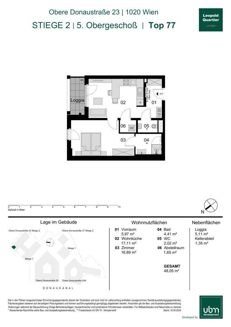 Grundriss der Wohnung Top 77 im 5. Obergeschoss mit Loggia und Kellerabteil.