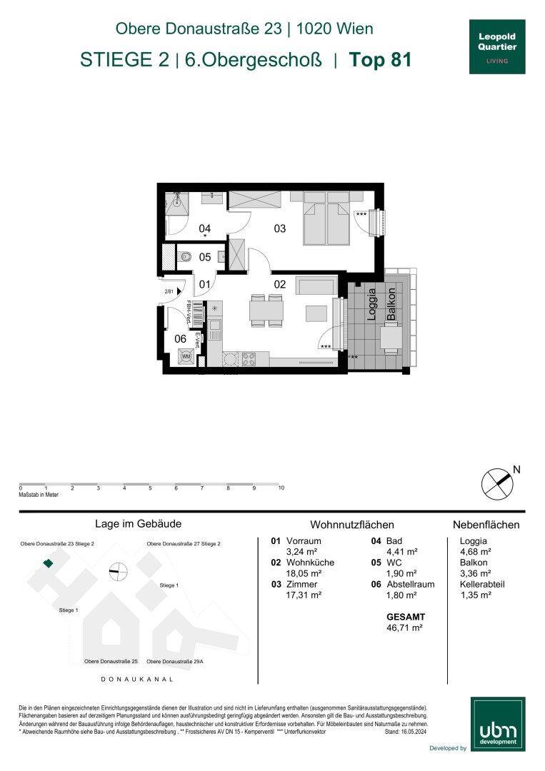 Detaillierter Grundriss einer Wohnung mit zwei Zimmern, Loggia und Balkon, inklusive Flächenangaben.
