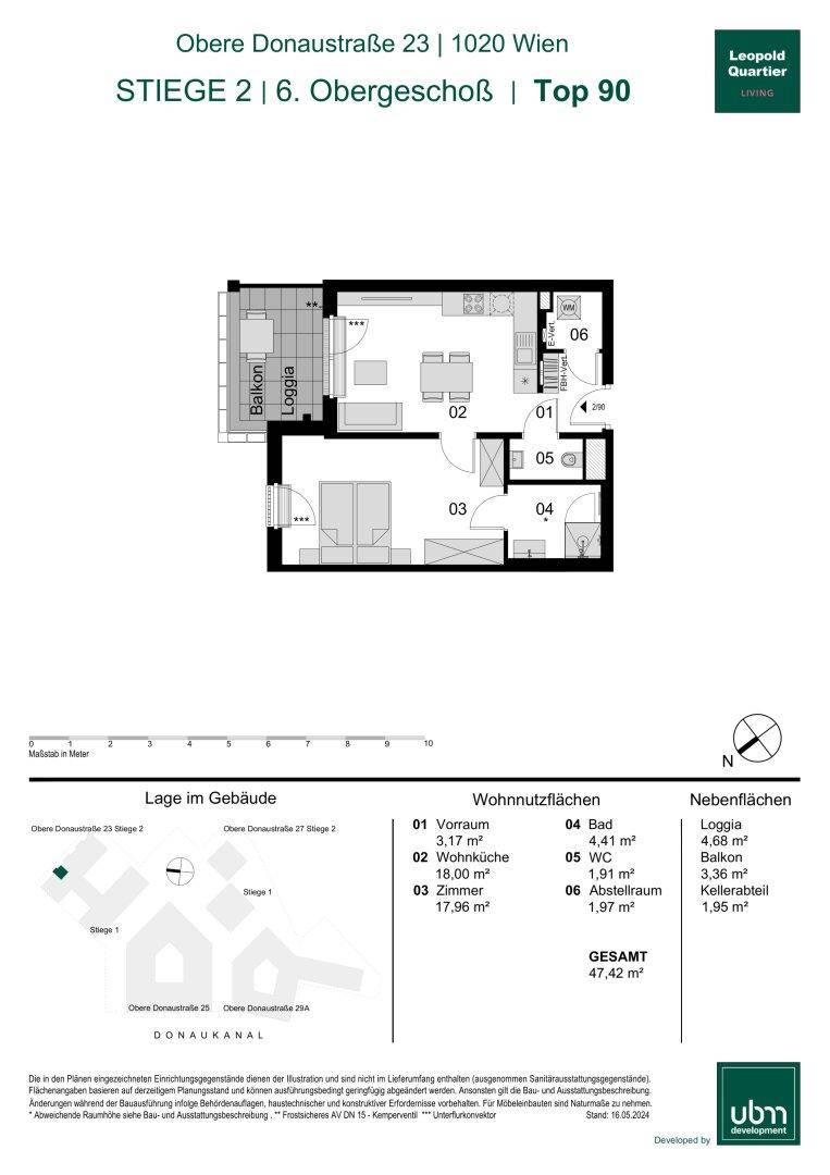 Detaillierter Grundriss einer Wohnung mit offener Wohnküche, einem Schlafzimmer, Bad, separatem WC, Abstellraum, Balkon und Loggia.