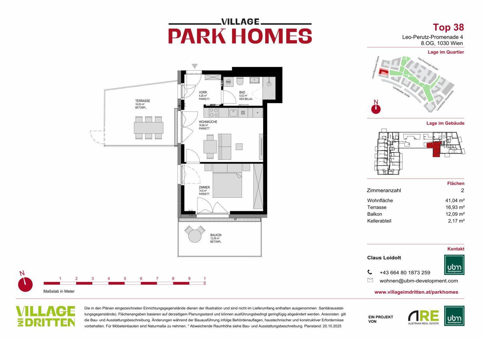 Grundriss der Wohnung Top 38 mit Wohnfläche, Terrasse, Balkon und Kellerabteil.