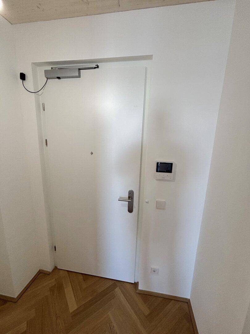 Eingangsbereich mit Sicherheitstür und Gegensprechanlage, ausgestattet mit Fischgrätparkett.