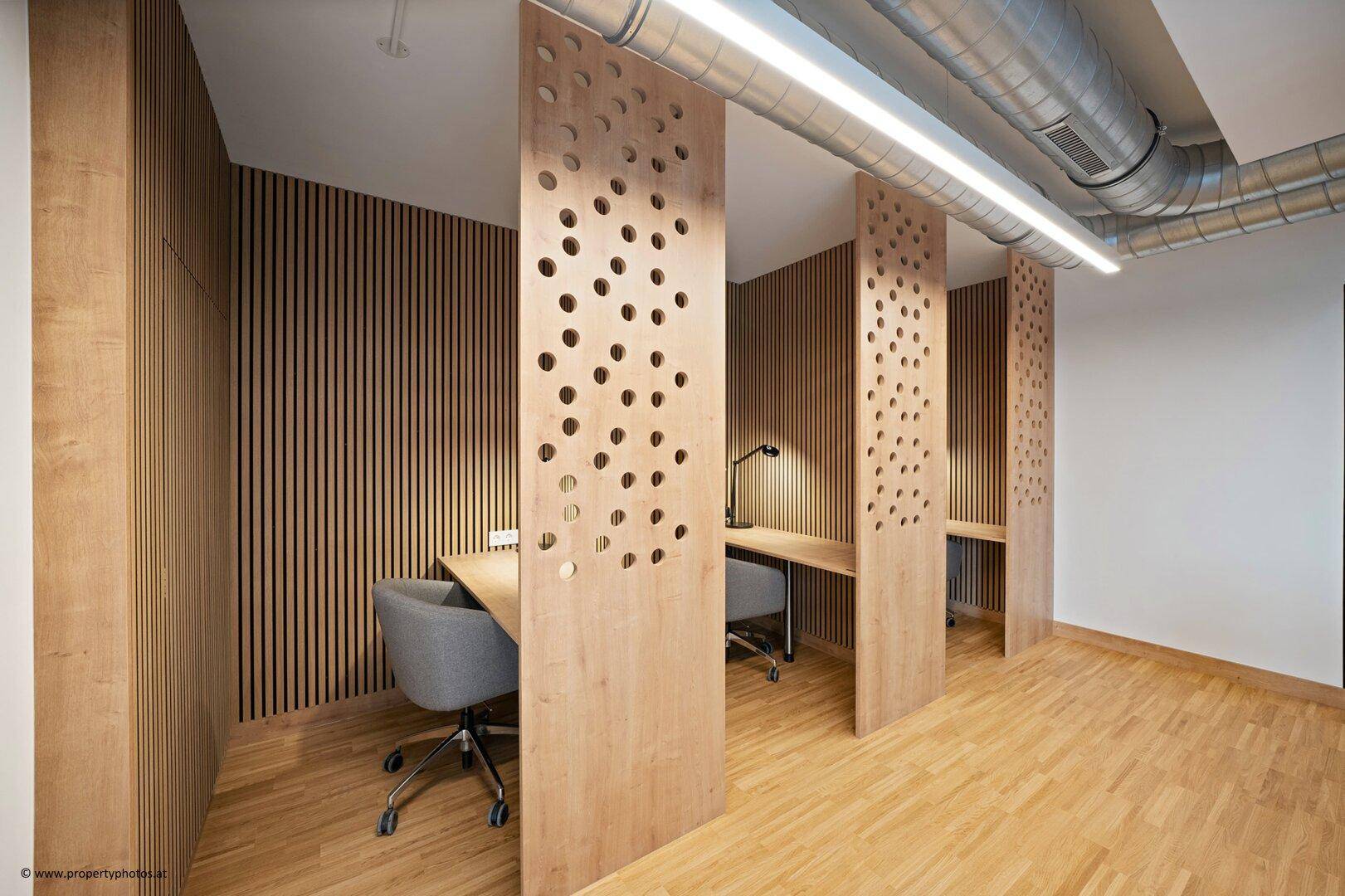 Moderne Arbeitsbereiche mit Holzwänden, perforierten Trennwänden und sichtbaren Lüftungsrohren im Loft-Stil.