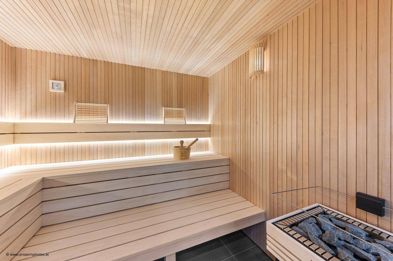 Moderne Holzsauna mit Bänken, Beleuchtung und einem traditionellen Saunaofen für Entspannung.