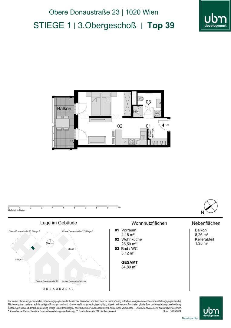 Grundriss einer kompakten Wohnung mit offenem Wohnbereich, Schlafzimmer und Balkon.