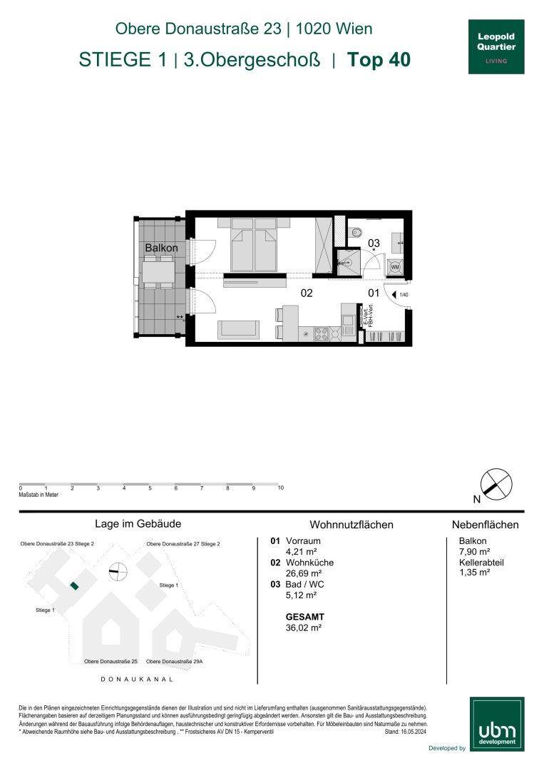 Grundriss einer Wohnung mit Balkon, Schlafzimmer und offenem Wohnbereich.