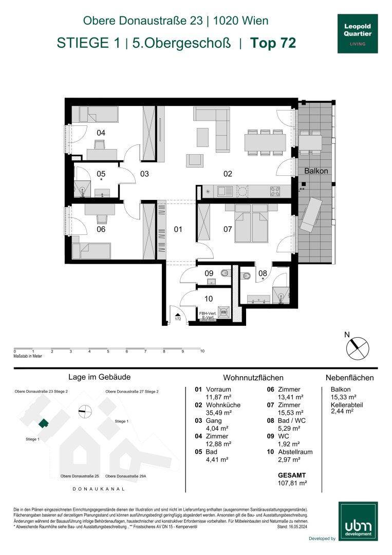Grundriss der Wohnung Top 72 im 5. Obergeschoss mit Balkon und drei Zimmern.