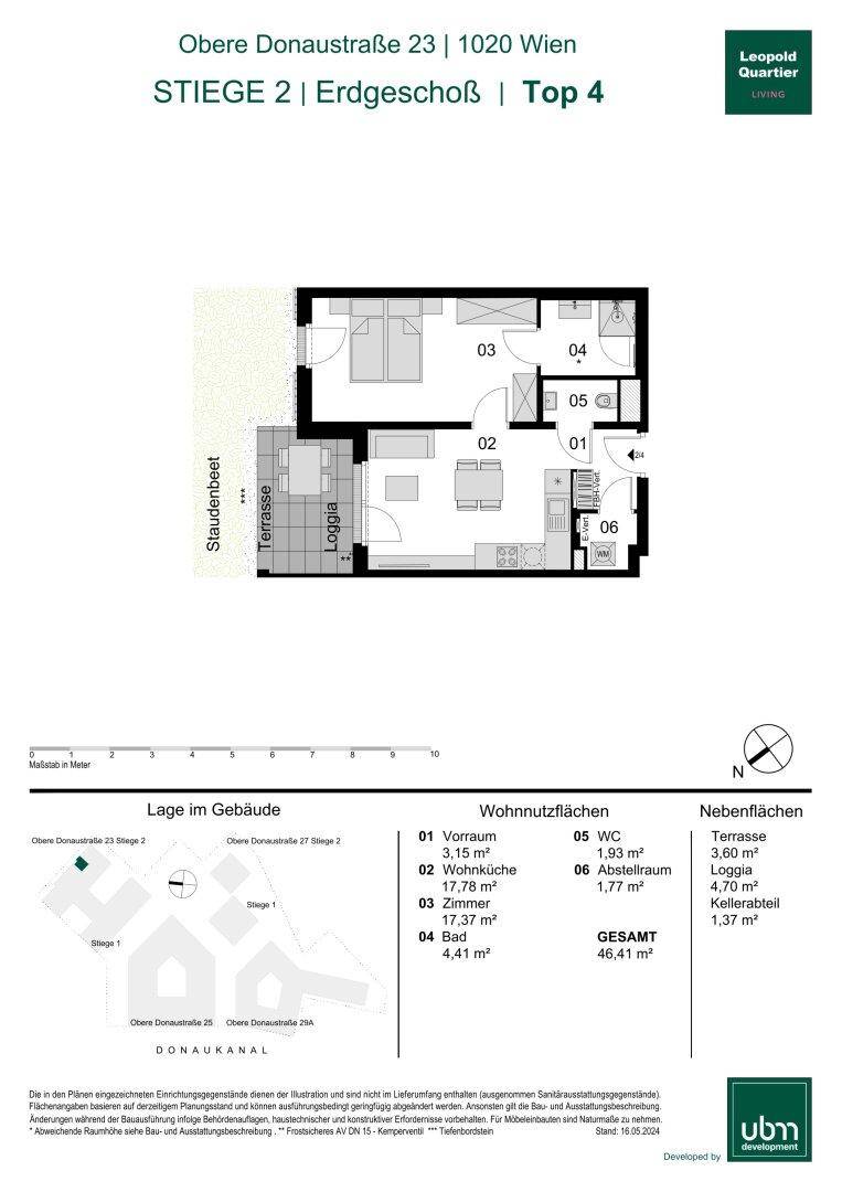 Grundriss einer modernen Erdgeschosswohnung mit offener Wohnküche, Schlafzimmer, Bad, separatem WC, Terrasse und Loggia.