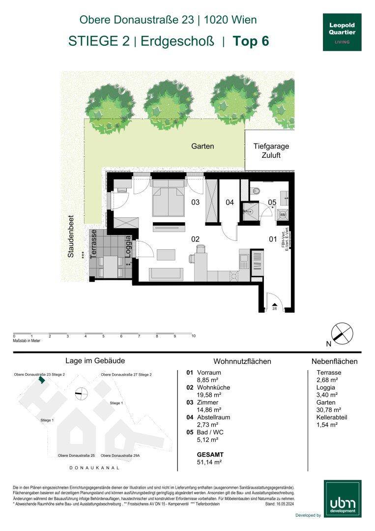 Grundriss einer Erdgeschosswohnung mit Terrasse, Loggia und Gartenanteil.