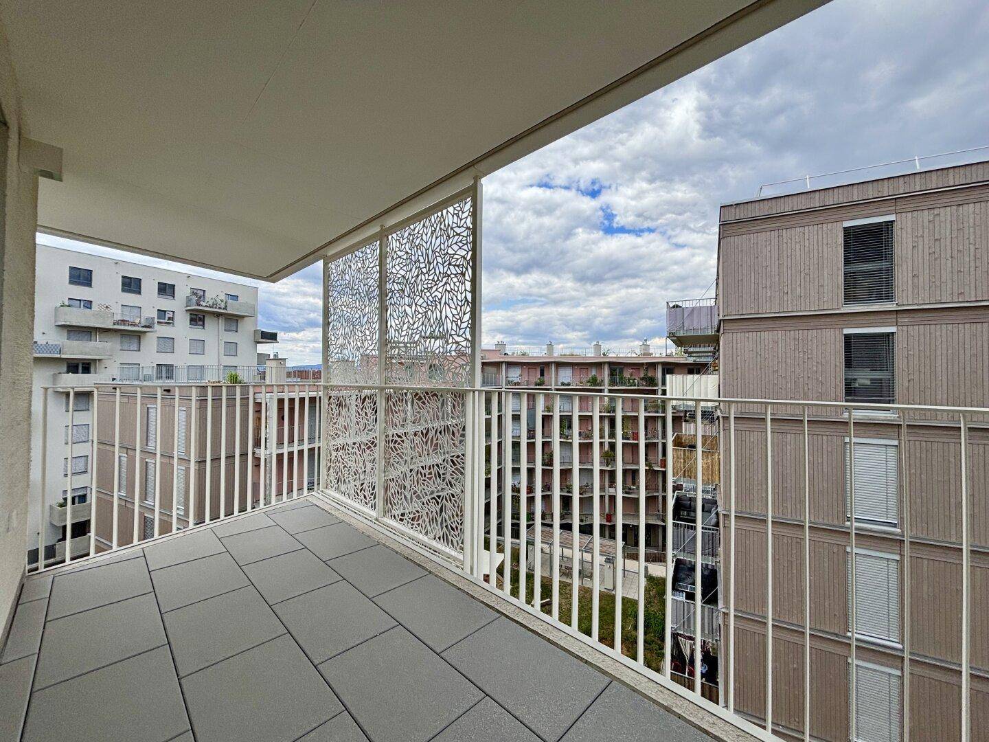 Moderner Balkon mit stilvollem Geländer und Blick auf die umliegende Wohnbebauung und den Himmel.