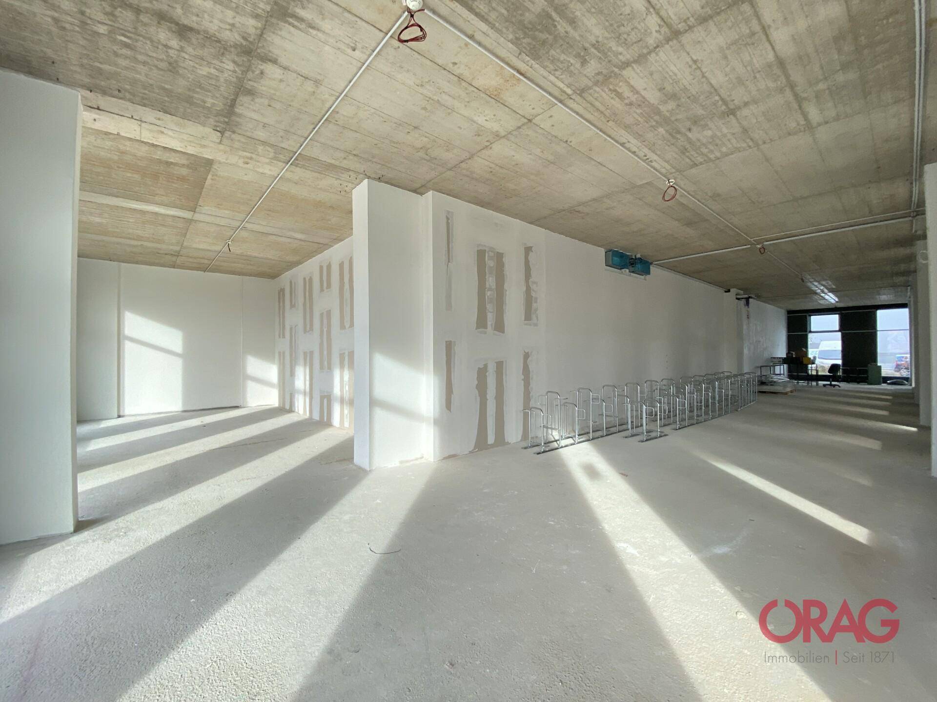 Großer, heller Gewerberaum im Rohbauzustand mit Sichtbetondecke und vorbereiteten Wänden.