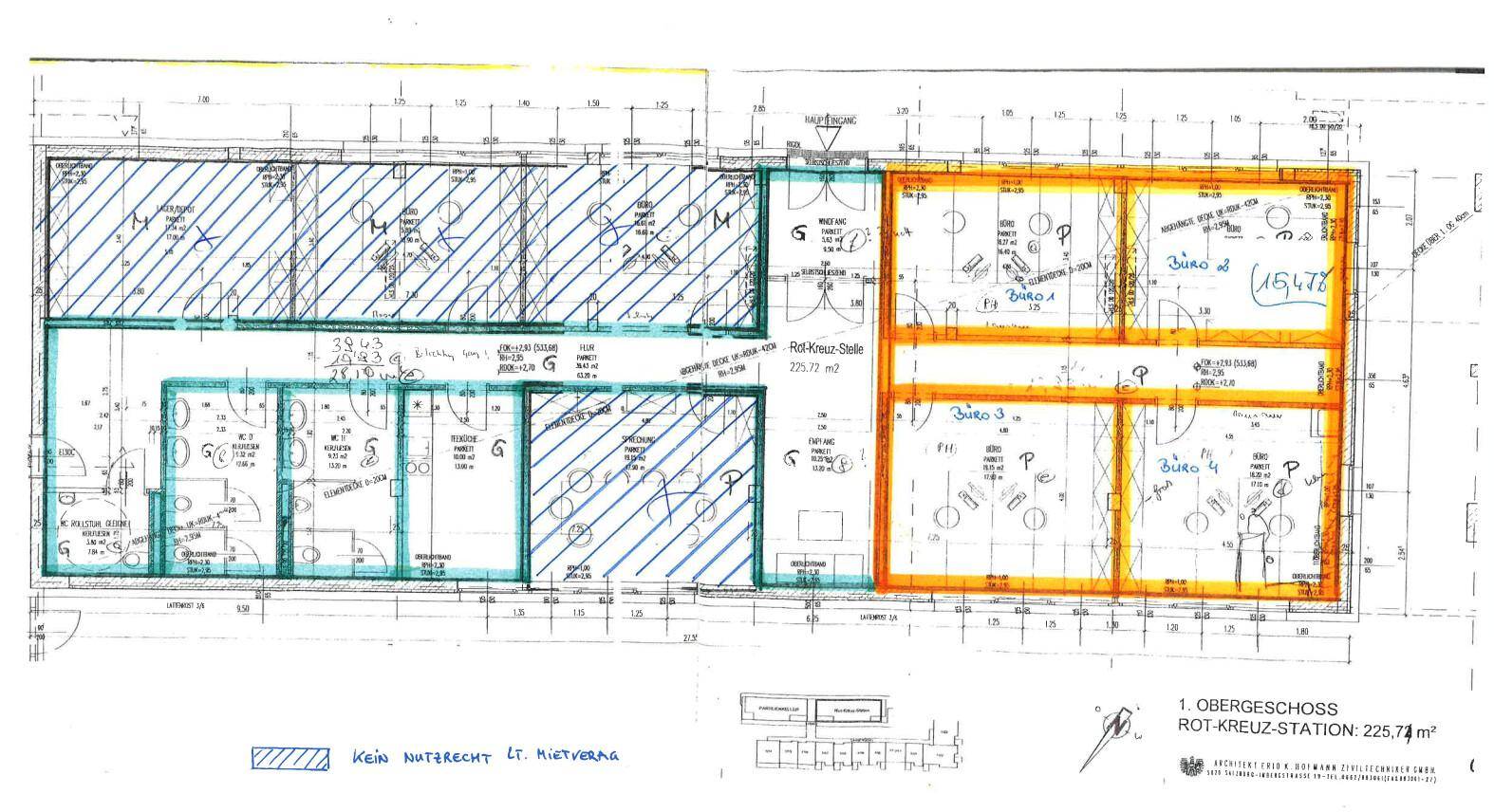 Übersichtsplan des Obergeschosses mit markierten Bereichen und Gesamtfläche von 225,74 m².
