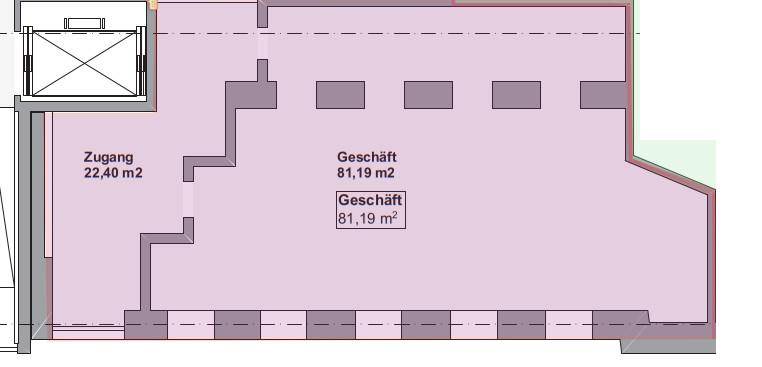 Grundriss zeigt eine Gewerbefläche von 81,19 m² mit Zugangsbereich und Aufzug.