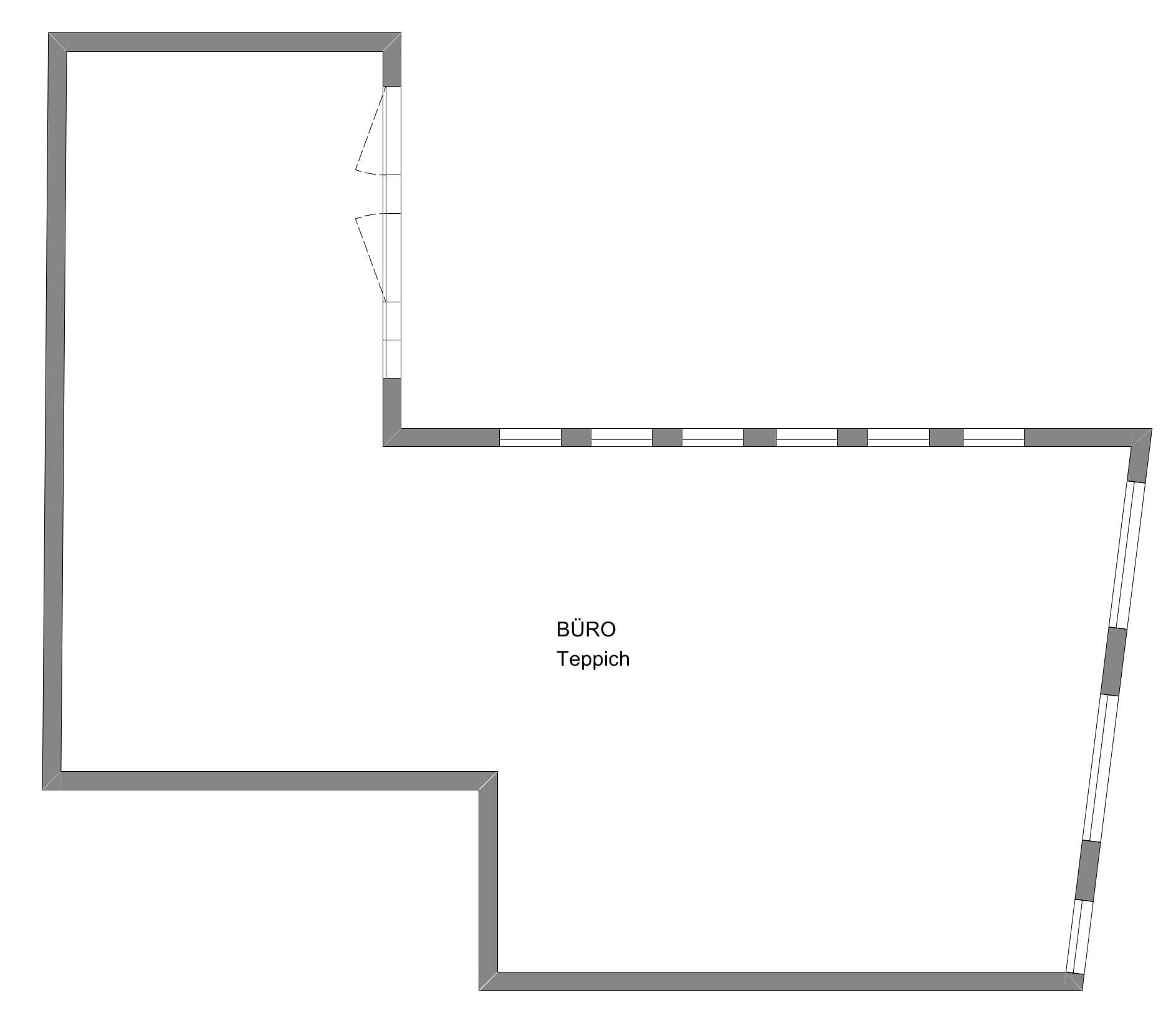 Grundriss eines L-förmigen Bürobereichs mit Teppichboden und Fensterfronten.