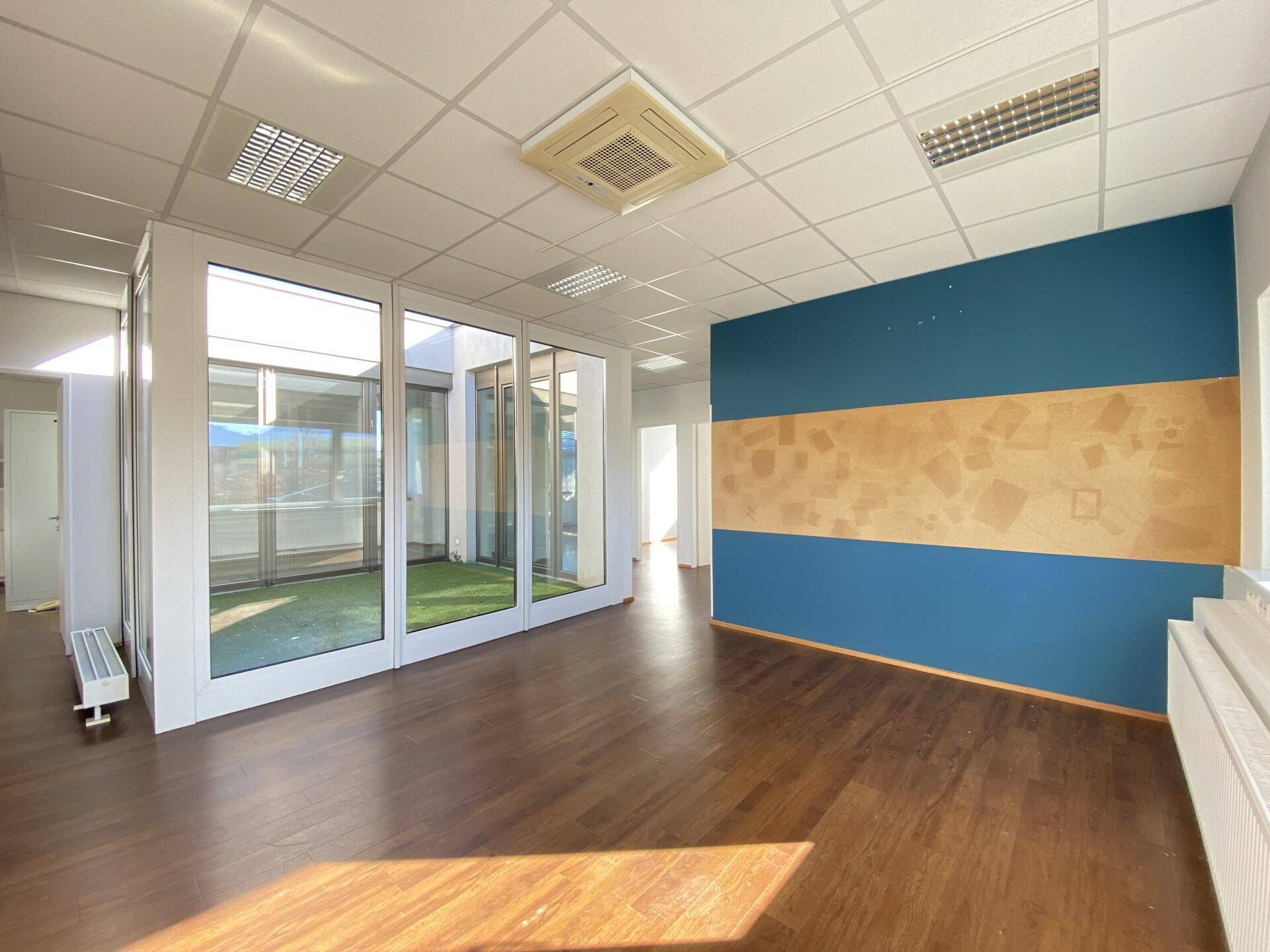 Modernes Büro mit Holzboden, Akzentwand und Blick durch Glaswände auf ein grünes Atrium.