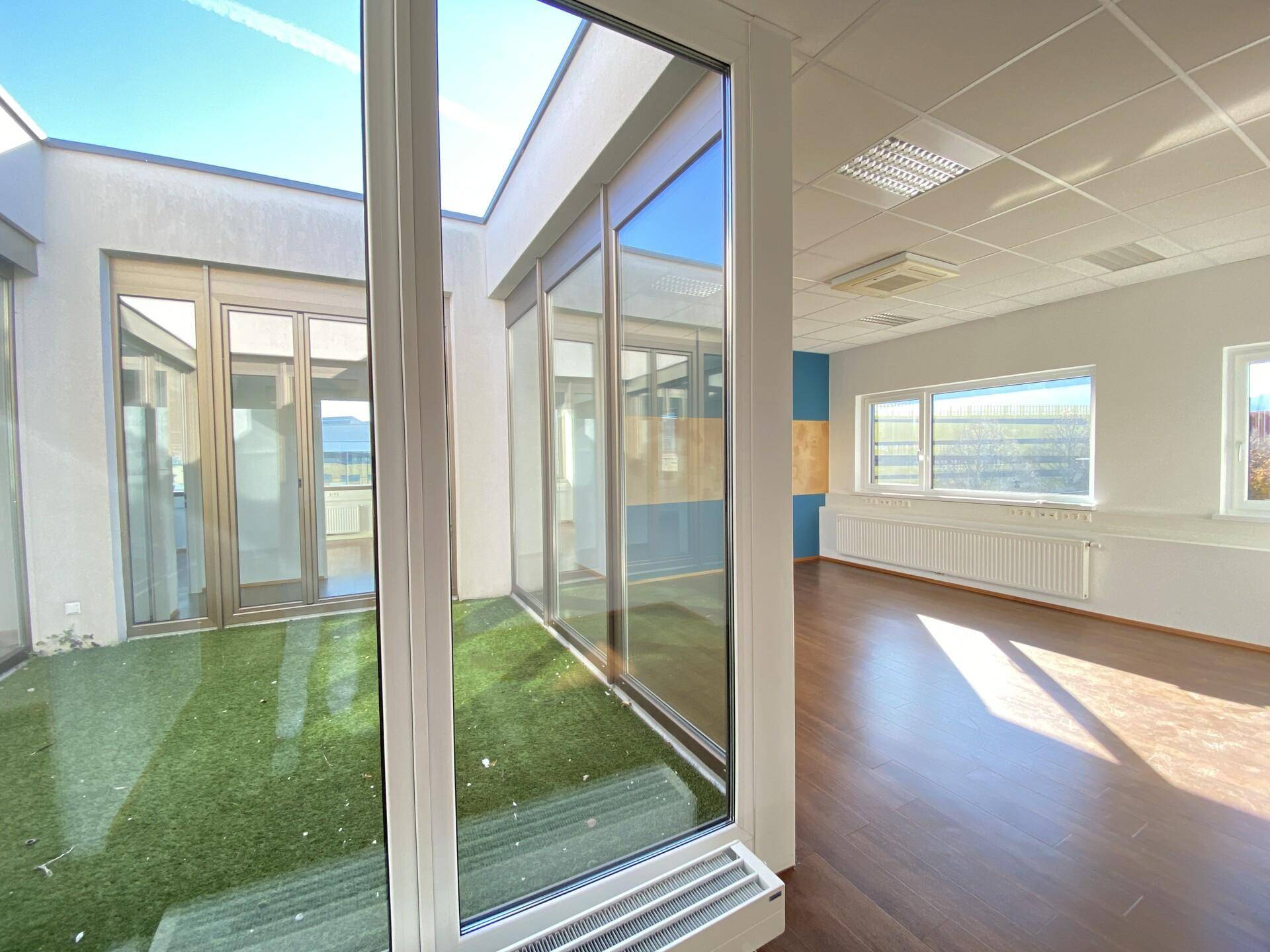 Innenansicht eines Büros mit Blick durch große Glasfenster auf ein sonniges, begrüntes Atrium.