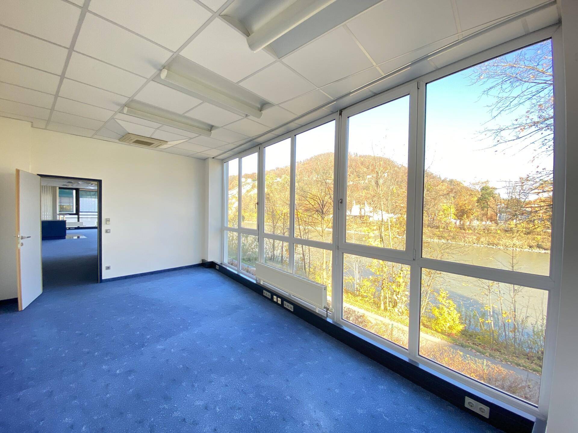 Geräumiges Büro mit blauer Teppichboden und großen Fenstern, die viel Tageslicht hereinlassen und Aussicht bieten.