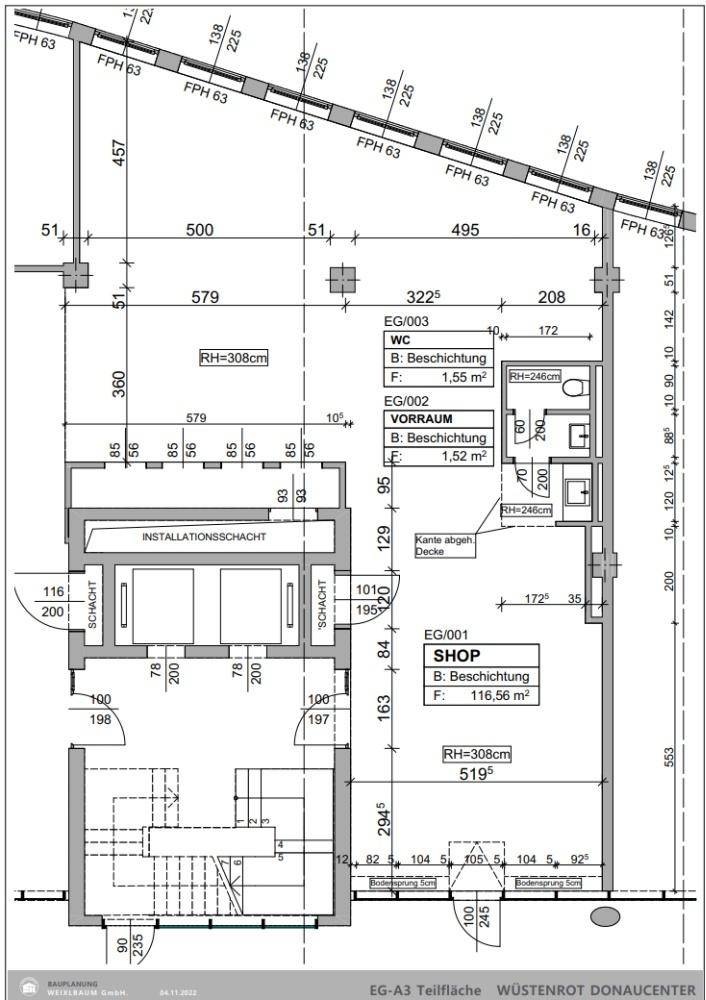 Detaillierter Grundriss einer Gewerbeeinheit mit Ladenfläche, Vorraum und Sanitäranlagen.