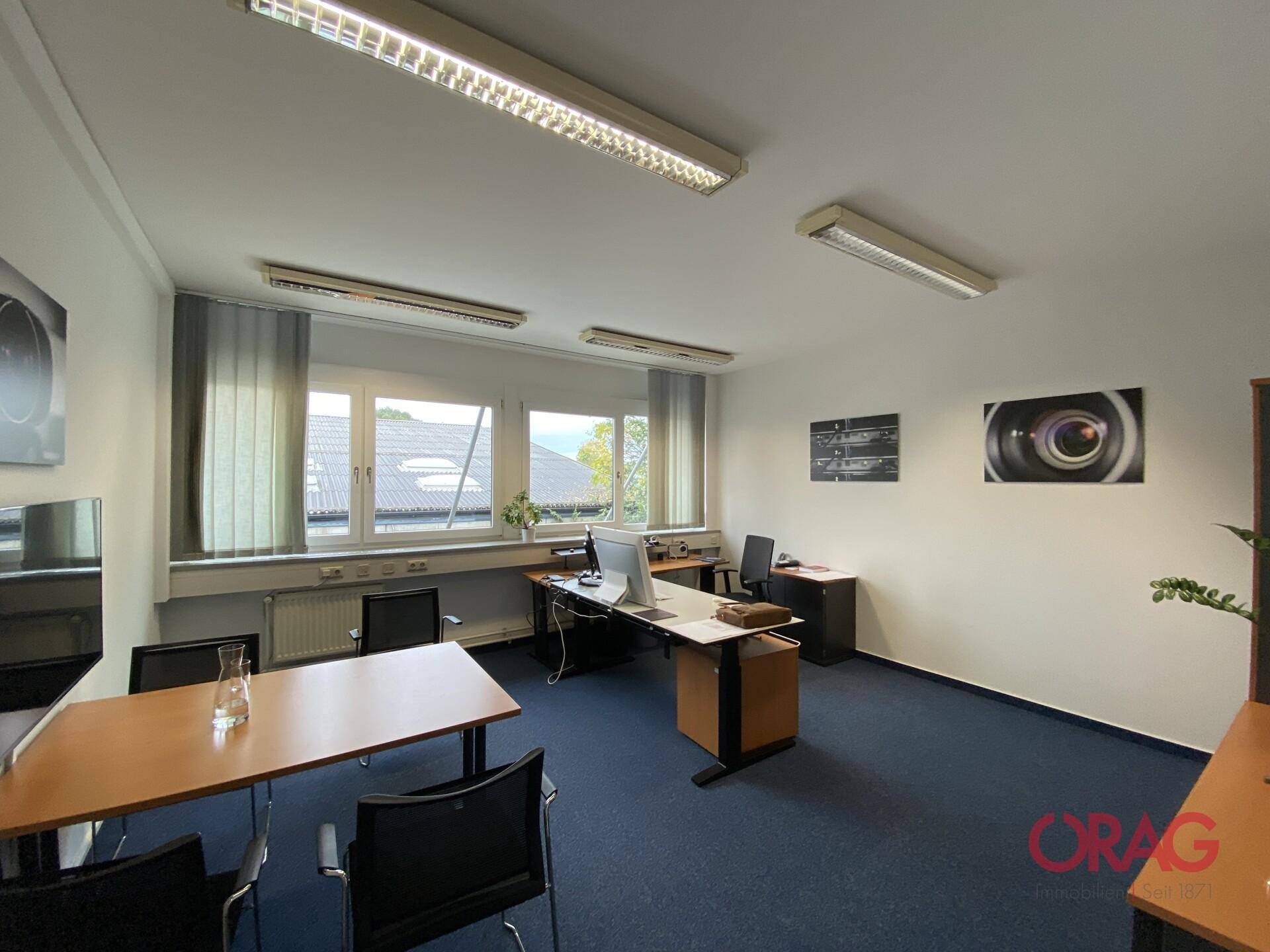 Helles Einzelbüro mit blauer Teppichboden, mehreren Arbeitsplätzen und Blick auf Dächer und Bäume.