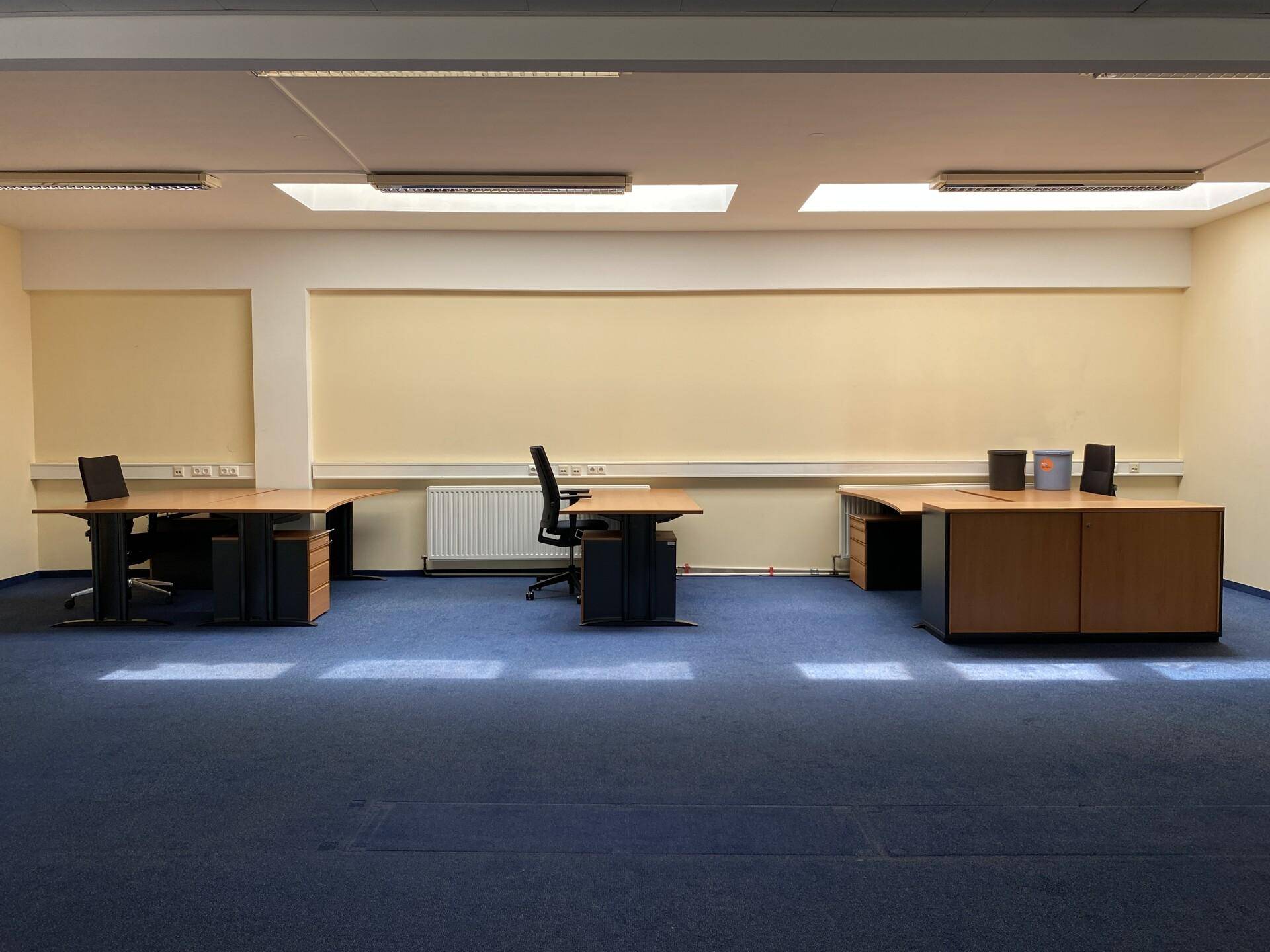 Geräumiger Bürobereich mit blauer Teppichboden und mehreren Schreibtischen, gut beleuchtet durch Deckenleuchten.