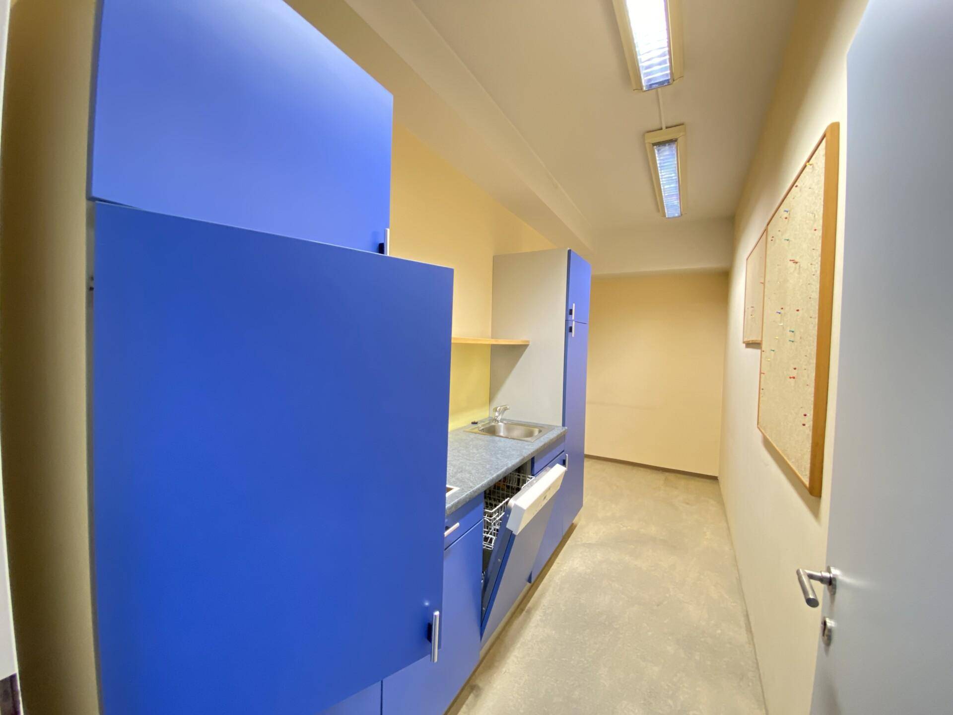 Moderne Küchenzeile in Blau mit Spülmaschine und Spüle, ideal für eine schnelle Kaffeepause.